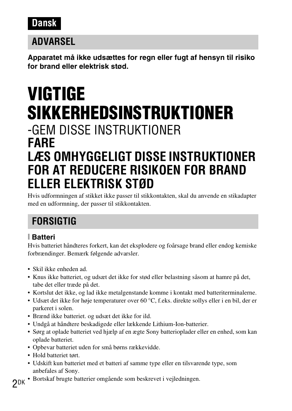 Dansk, Vigtige sikkerhedsinstruktioner, Dansk advarsel forsigtig | Sony DSC-TX1 User Manual | Page 352 / 483