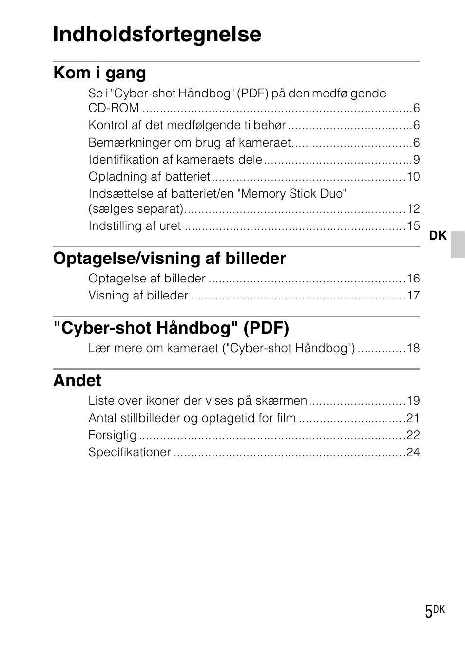 Indholdsfortegnelse, Kom i gang, Optagelse/visning af billeder | Cyber-shot håndbog" (pdf), Andet | Sony DSC-TX1 User Manual | Page 355 / 483