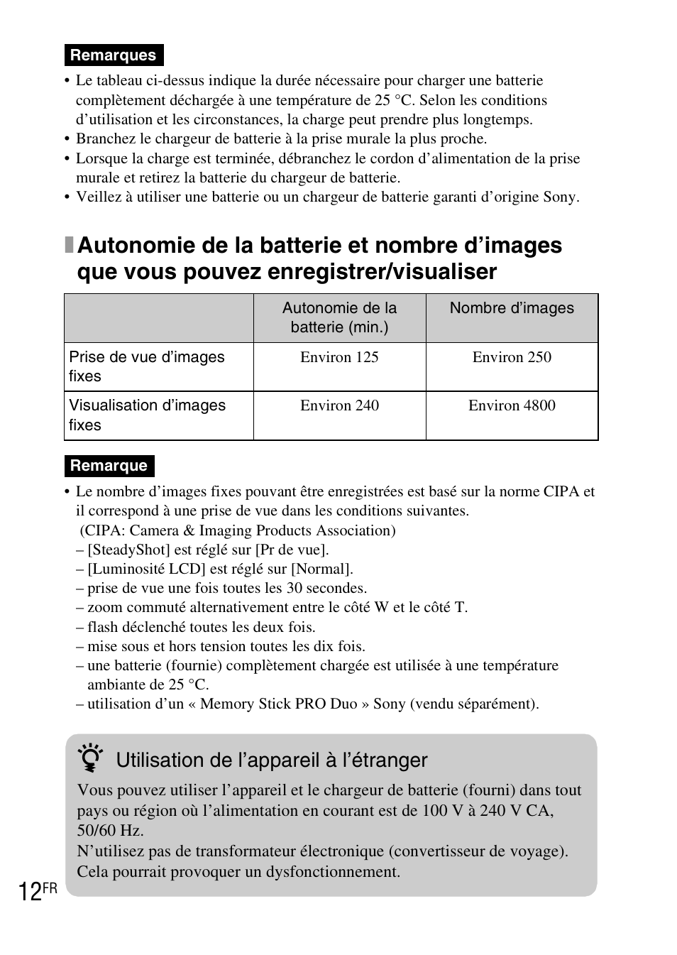 Utilisation de l’appareil à l’étranger | Sony DSC-TX1 User Manual | Page 36 / 483