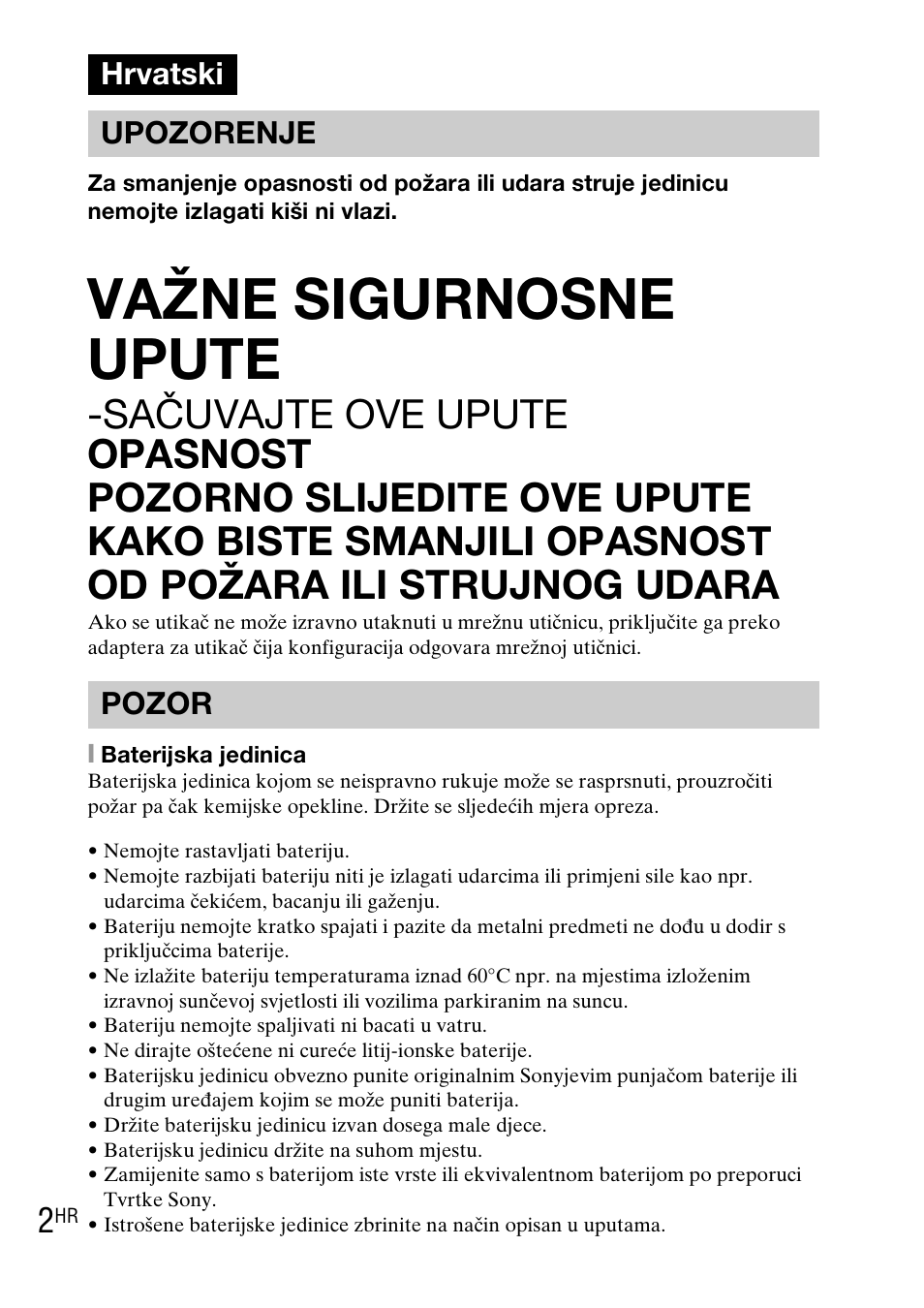 Hrvatski, Važne sigurnosne upute, Hrvatski upozorenje pozor | Sony DSC-TX1 User Manual | Page 376 / 483