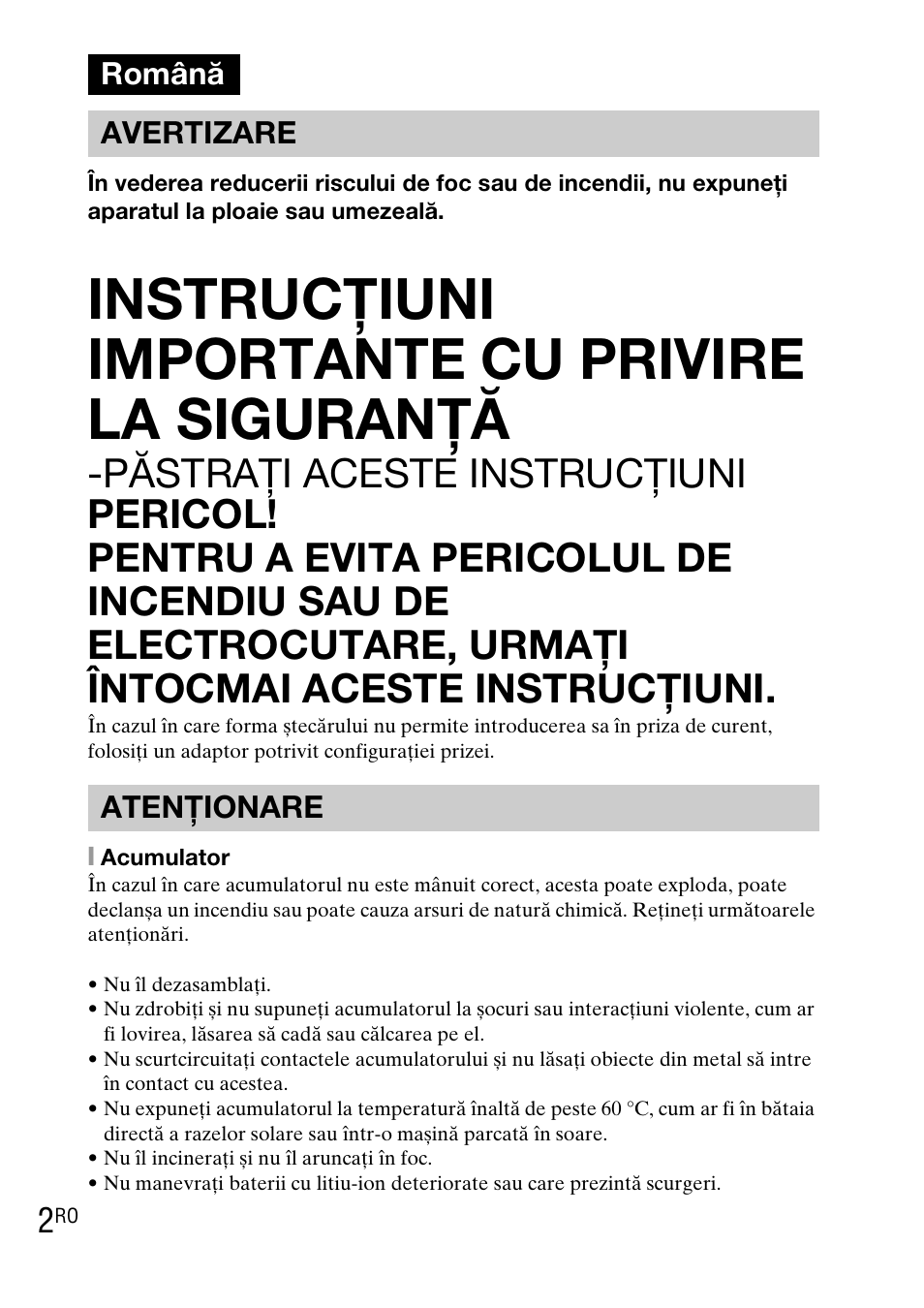 Română, Instrucţiuni importante cu privire la siguranţă, Română avertizare atenţionare | Sony DSC-TX1 User Manual | Page 400 / 483