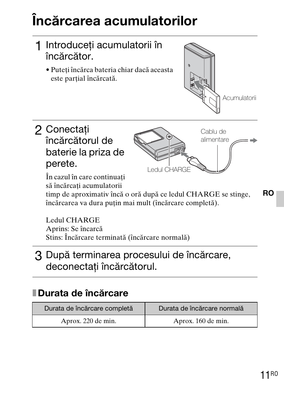 Încărcarea acumulatorilor, Introduceţi acumulatorii în încărcător | Sony DSC-TX1 User Manual | Page 409 / 483