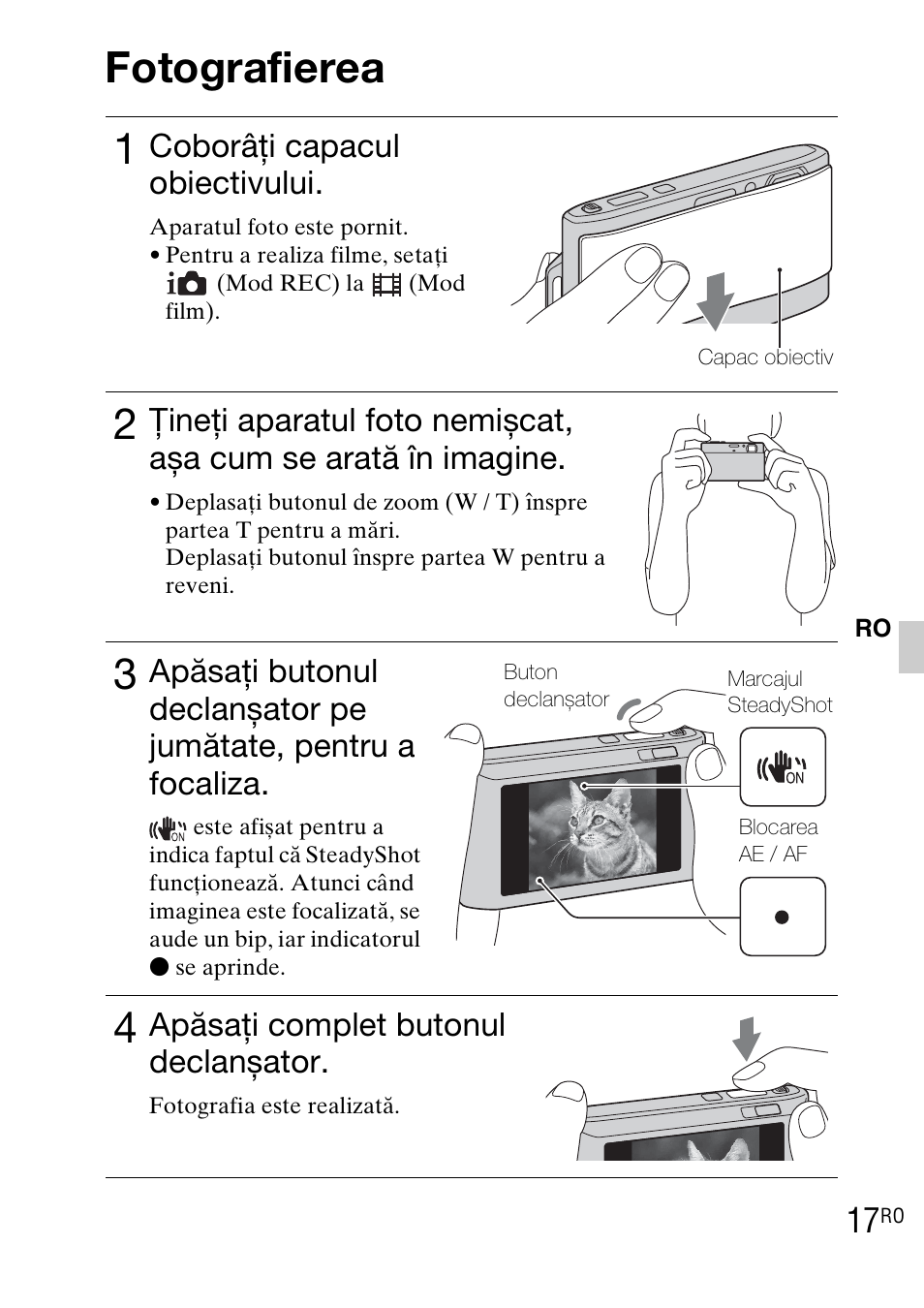 Fotografierea, Fotografierea 1, Coborâţi capacul obiectivului | Apăsaţi complet butonul declanșator | Sony DSC-TX1 User Manual | Page 415 / 483