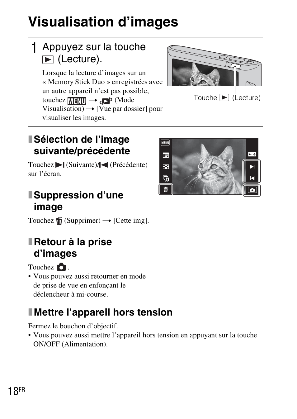 Visualisation d’images, Appuyez sur la touche (lecture), Xmettre l’appareil hors tension | Xsélection de l’image suivante/précédente, Xsuppression d’une image, Xretour à la prise d’images | Sony DSC-TX1 User Manual | Page 42 / 483