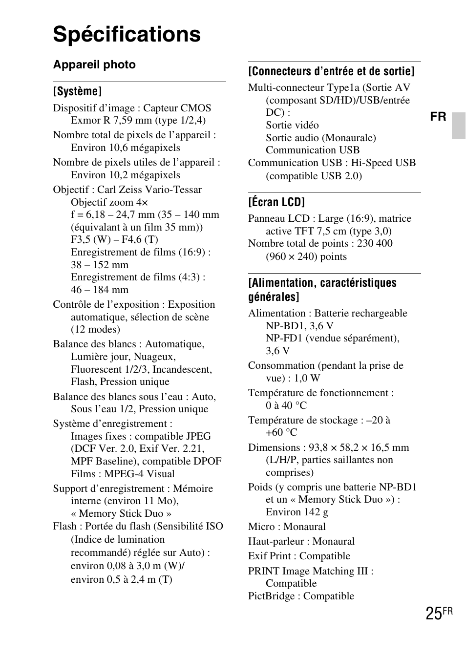 Spécifications | Sony DSC-TX1 User Manual | Page 49 / 483