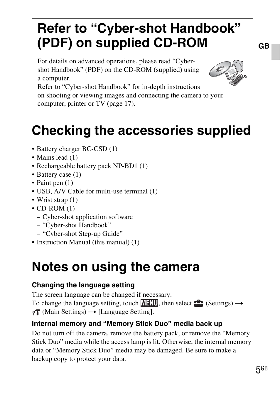 Checking the accessories supplied, Notes on using the camera | Sony DSC-TX1 User Manual | Page 5 / 483