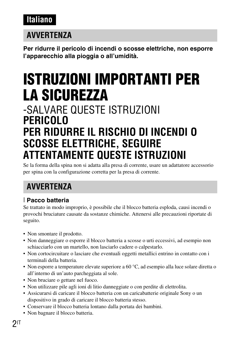 Italiano, Istruzioni importanti per la sicurezza, Italiano avvertenza avvertenza | Sony DSC-TX1 User Manual | Page 52 / 483