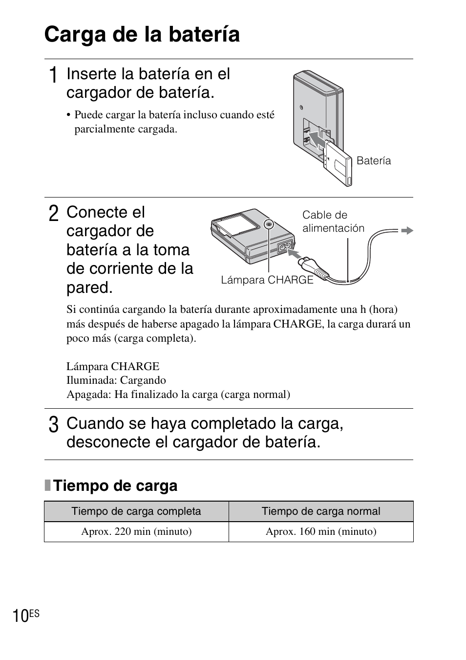 Carga de la batería, Inserte la batería en el cargador de batería | Sony DSC-TX1 User Manual | Page 84 / 483