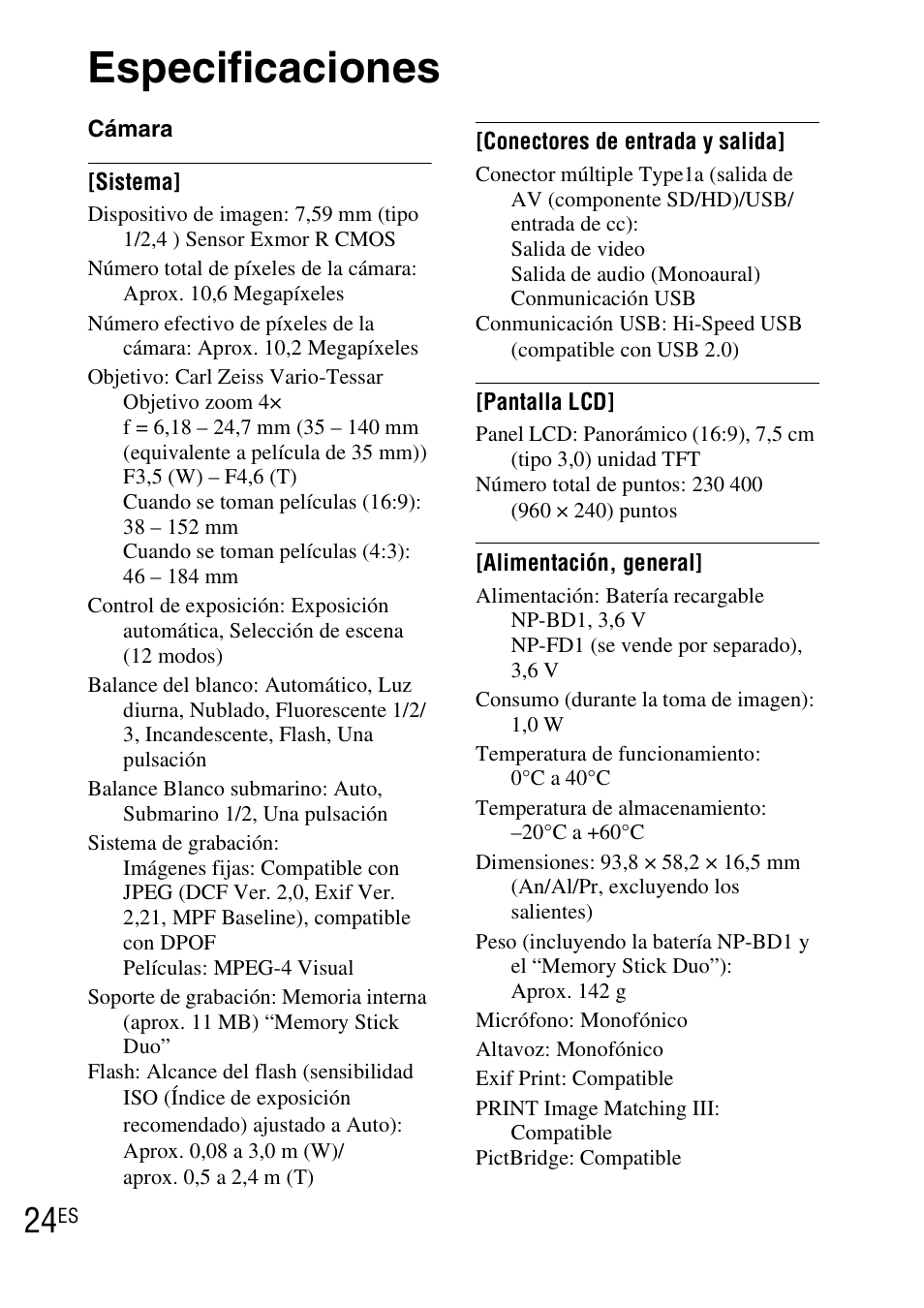 Especificaciones | Sony DSC-TX1 User Manual | Page 98 / 483