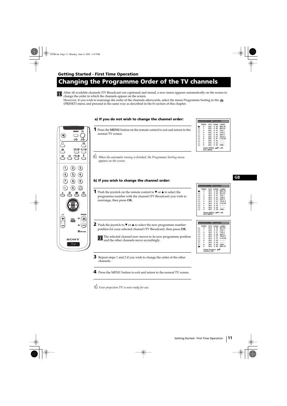 Changing the programme order of the tv channels, 11 gb getting started - first time operation | Sony KP-41PX1 User Manual | Page 10 / 224