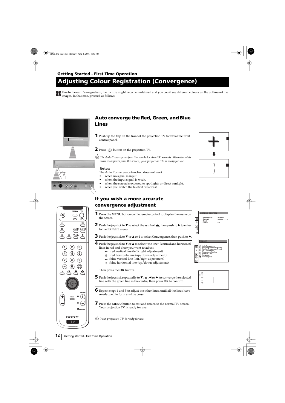 Adjusting colour registration (convergence), Auto converge the red, green, and blue lines 1 | Sony KP-41PX1 User Manual | Page 11 / 224