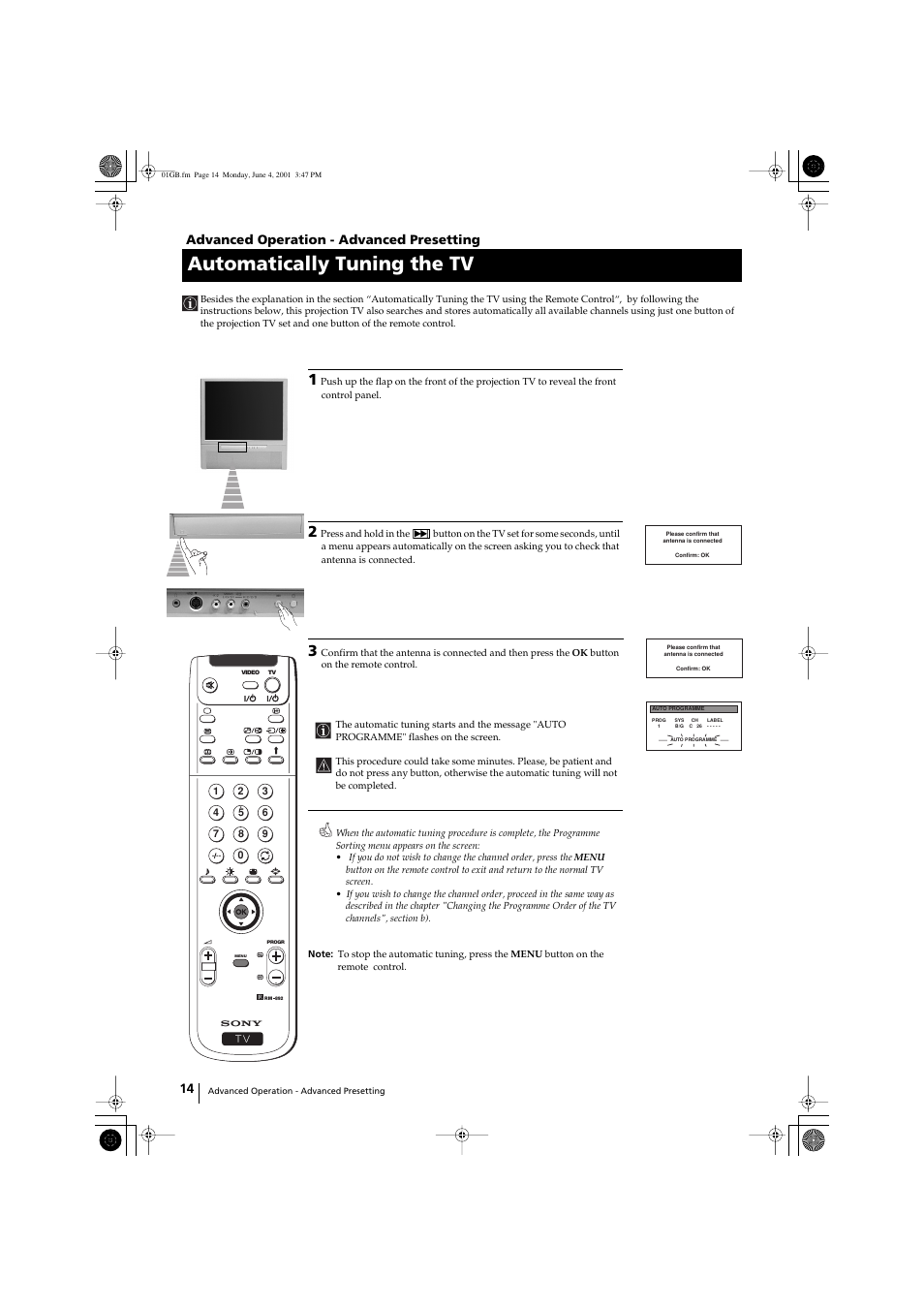 Automatically tuning the tv, 14 advanced operation - advanced presetting | Sony KP-41PX1 User Manual | Page 13 / 224