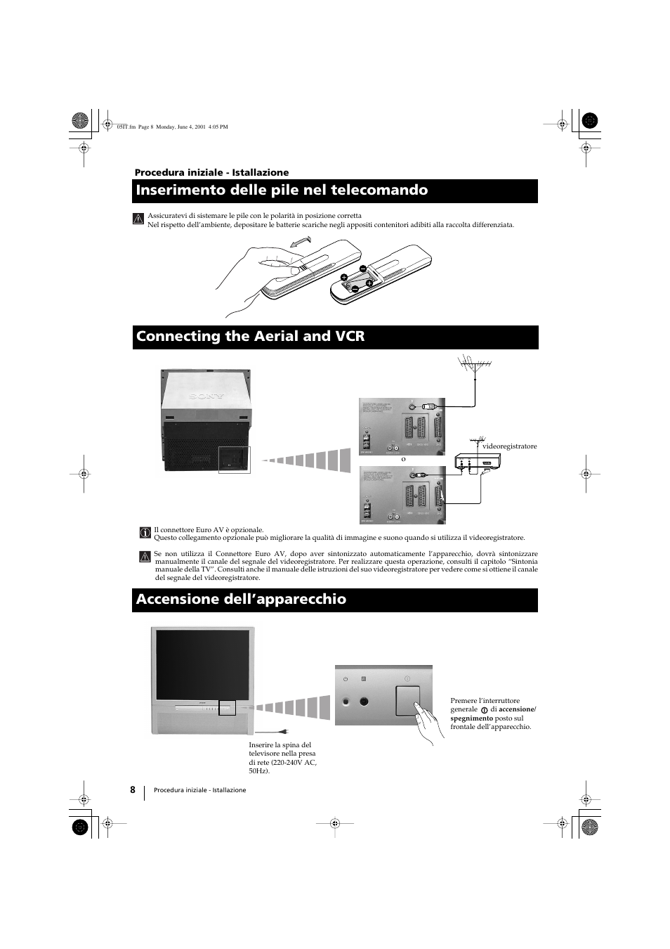 Inserimento delle pile nel telecomando | Sony KP-41PX1 User Manual | Page 135 / 224