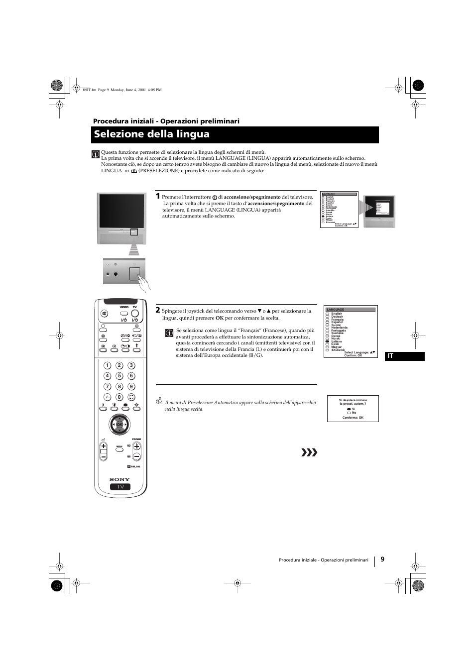 Selezione della lingua, 9 it procedura iniziali - operazioni preliminari | Sony KP-41PX1 User Manual | Page 136 / 224