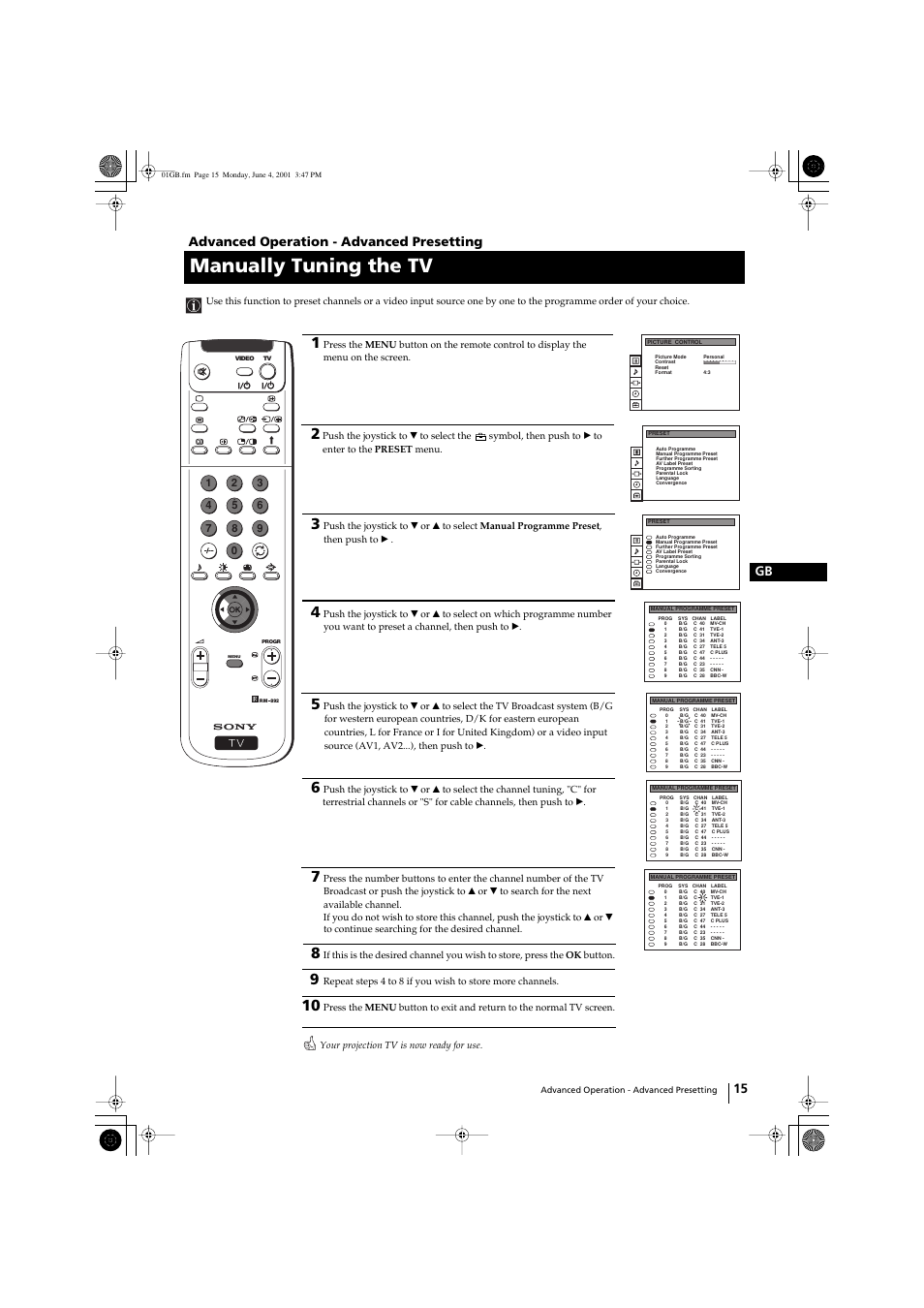 Manually tuning the tv, 15 gb, Advanced operation - advanced presetting | Sony KP-41PX1 User Manual | Page 14 / 224