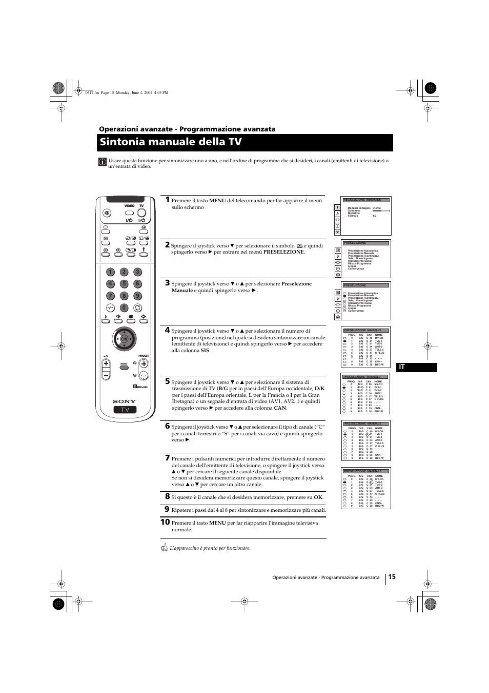 Sintonia manuale della tv, 15 it, Operazioni avanzate - programmazione avanzata | Sony KP-41PX1 User Manual | Page 142 / 224