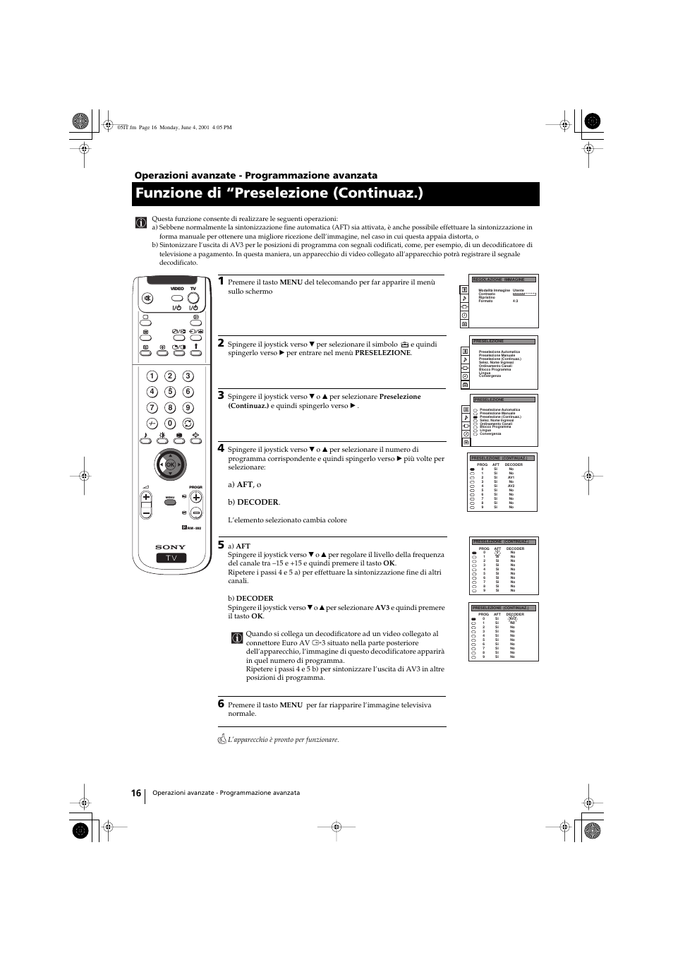 Funzione di “preselezione (continuaz.), Operazioni avanzate - programmazione avanzata | Sony KP-41PX1 User Manual | Page 143 / 224