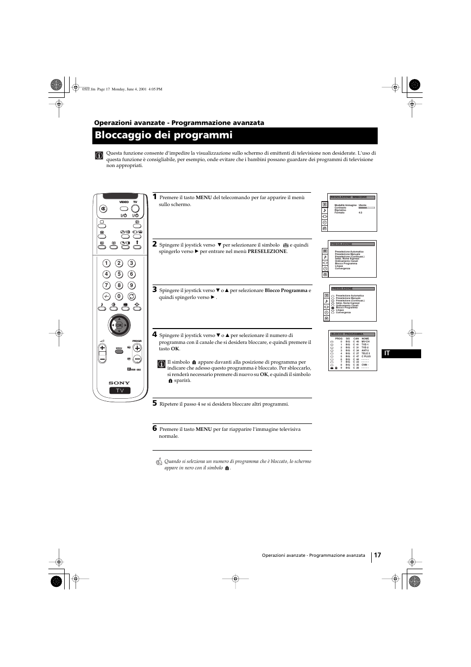 Bloccaggio dei programmi, 17 it, Operazioni avanzate - programmazione avanzata | Sony KP-41PX1 User Manual | Page 144 / 224