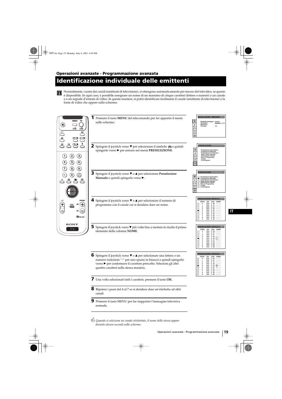 Identificazione individuale delle emittenti, 19 it, Operazioni avanzate - programmazione avanzata | Sony KP-41PX1 User Manual | Page 146 / 224