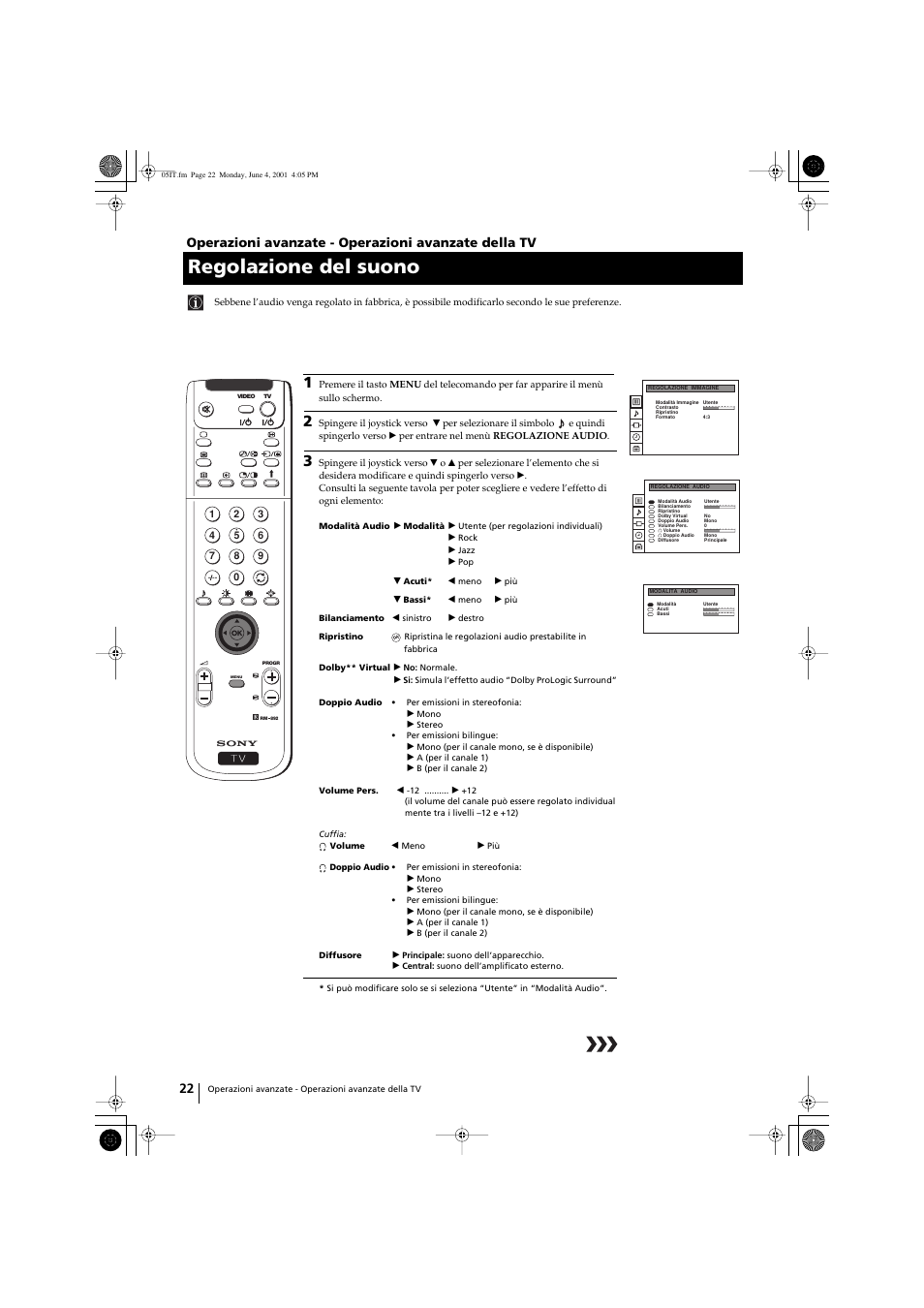 Regolazione del suono, Operazioni avanzate - operazioni avanzate della tv | Sony KP-41PX1 User Manual | Page 149 / 224