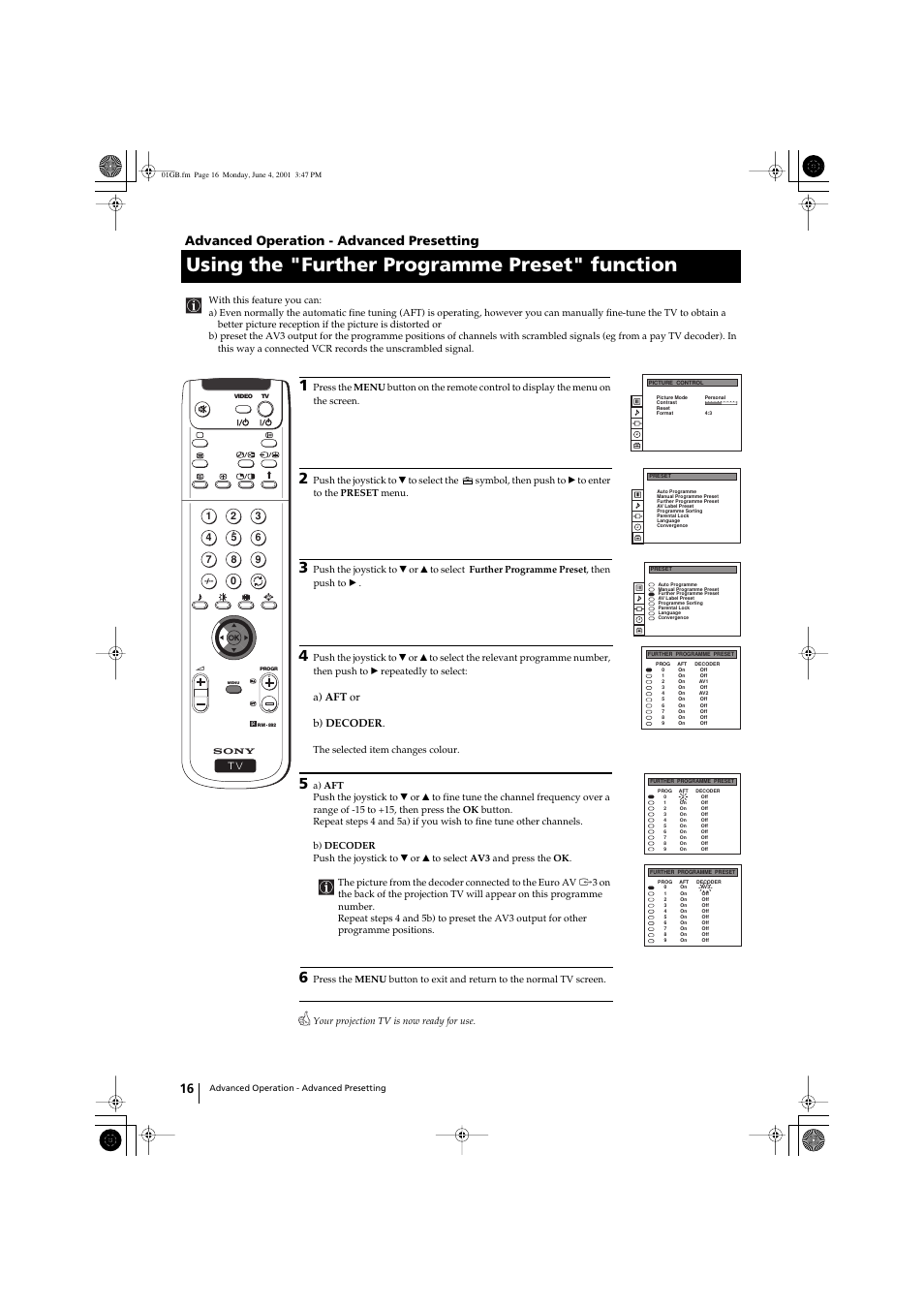 Using the "further programme preset" function, Advanced operation - advanced presetting | Sony KP-41PX1 User Manual | Page 15 / 224