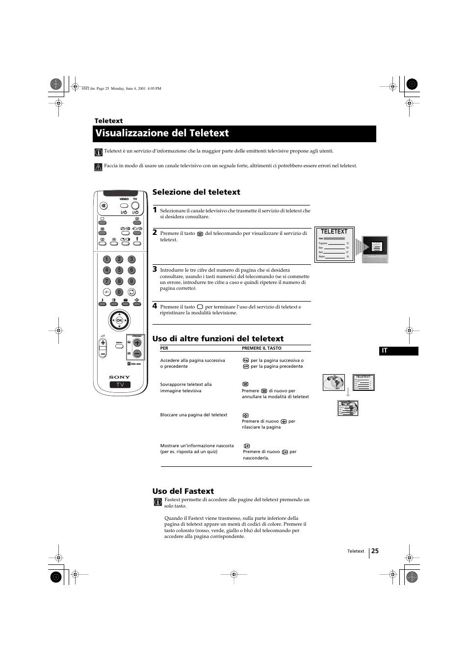 Visualizzazione del teletext, Selezione del teletext 1, Uso di altre funzioni del teletext | Uso del fastext, Index, 25 it teletext, Teletext | Sony KP-41PX1 User Manual | Page 152 / 224