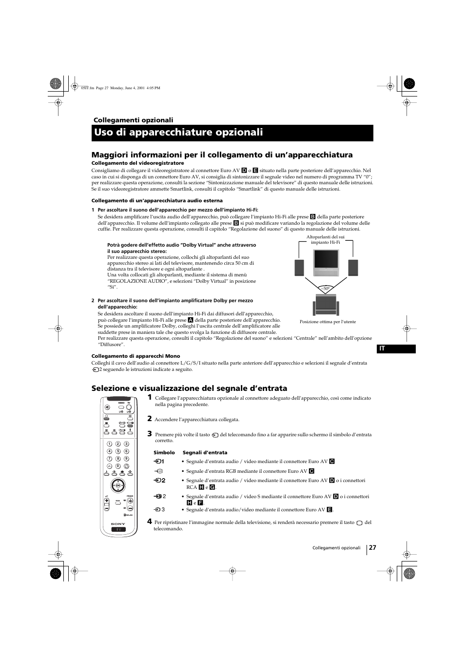 Uso di apparecchiature opzionali, Selezione e visualizzazione del segnale d’entrata | Sony KP-41PX1 User Manual | Page 154 / 224