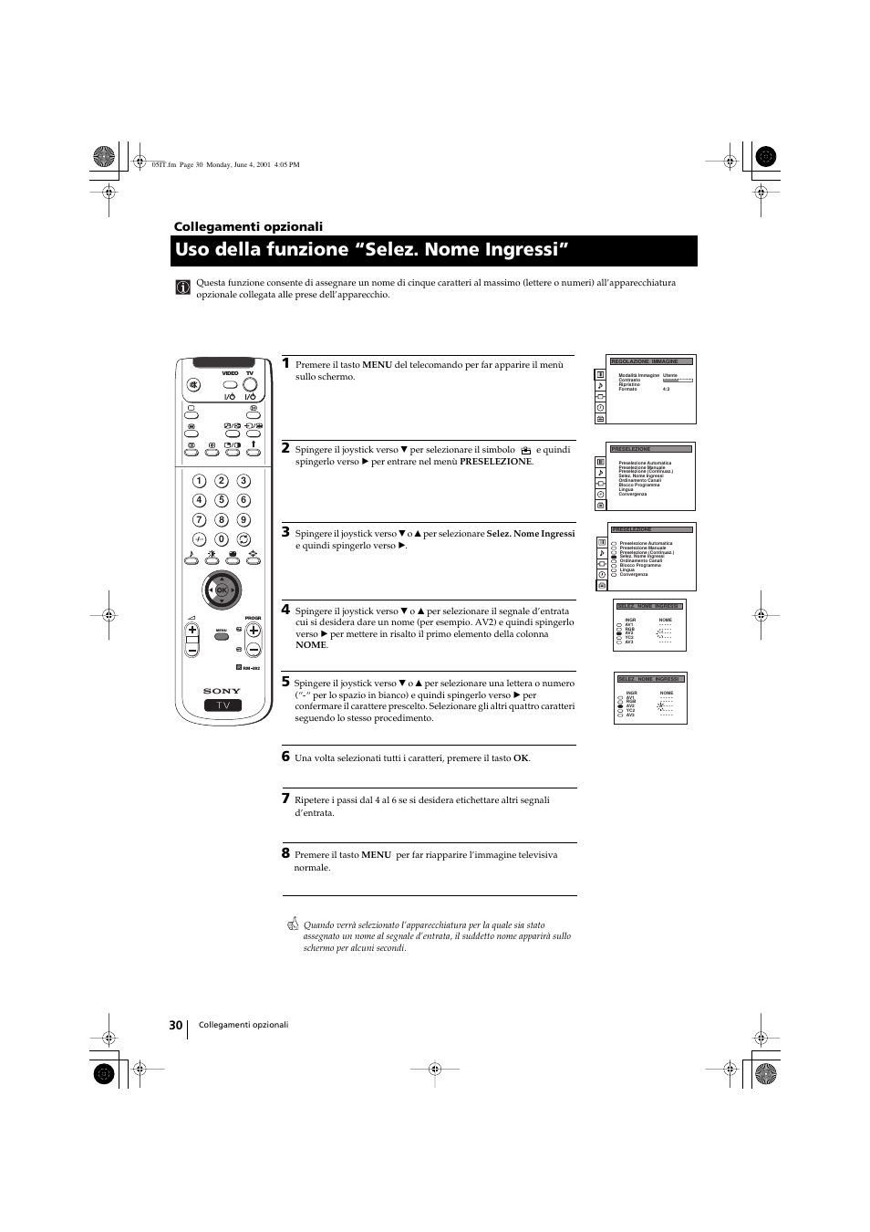 Uso della funzione “selez. nome ingressi, Collegamenti opzionali | Sony KP-41PX1 User Manual | Page 157 / 224