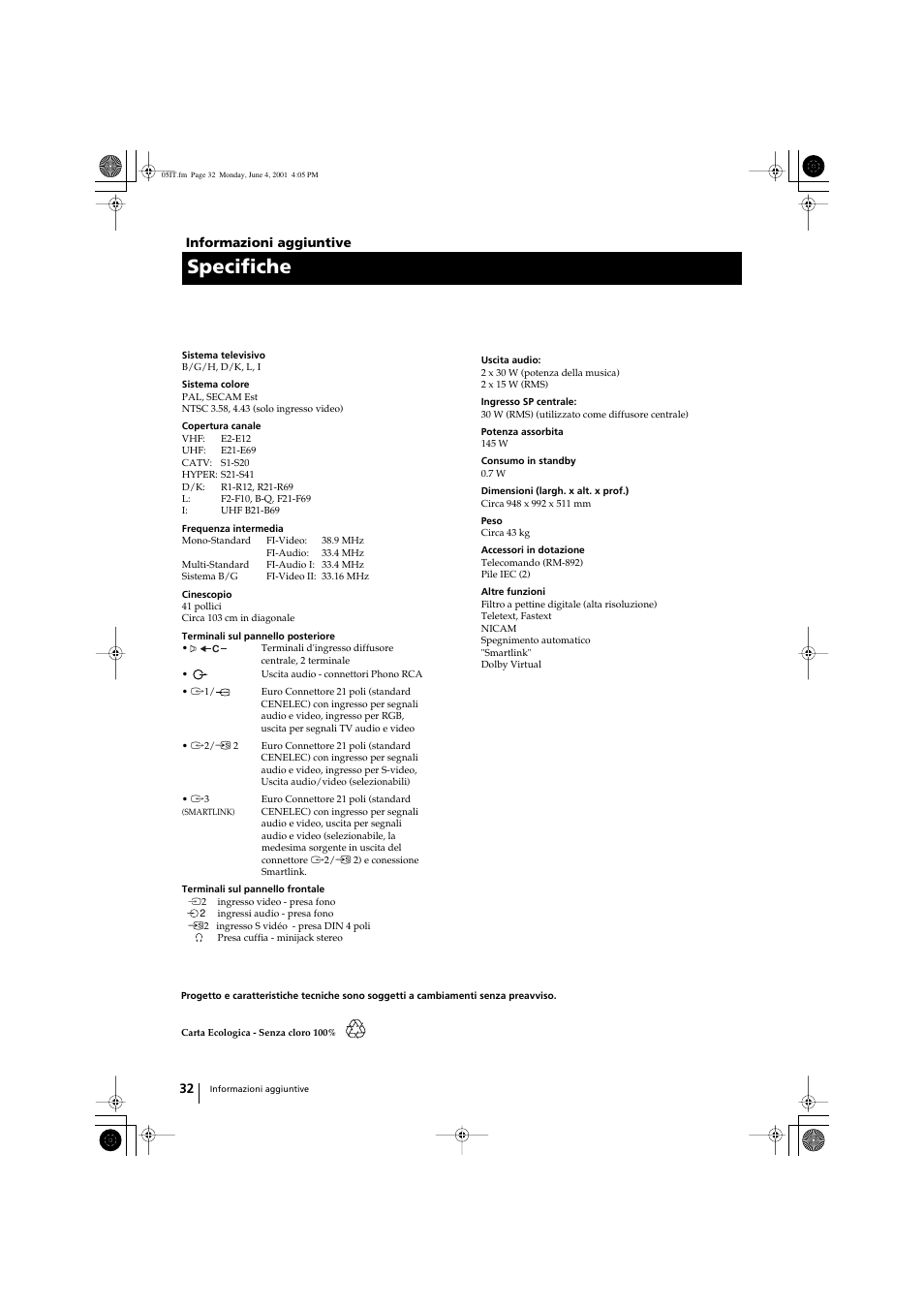 Specifiche | Sony KP-41PX1 User Manual | Page 159 / 224