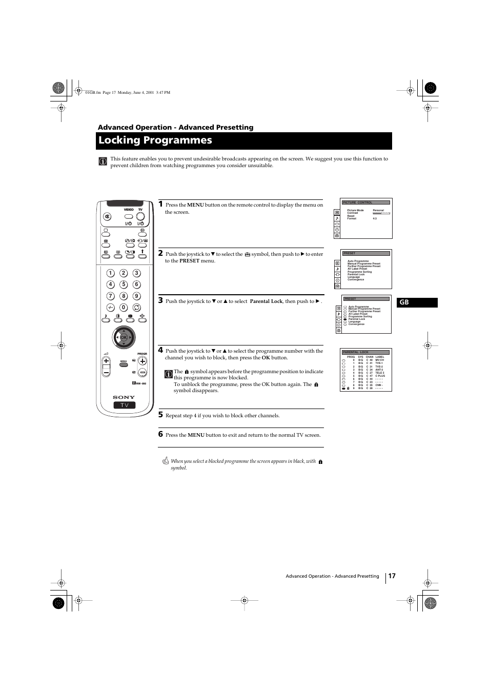 Locking programmes, 17 gb, Advanced operation - advanced presetting | Sony KP-41PX1 User Manual | Page 16 / 224