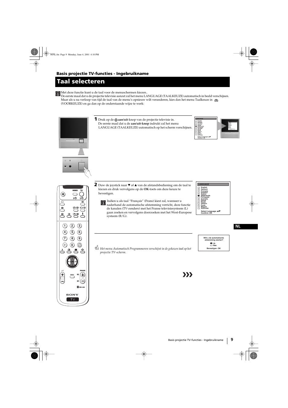 Taal selecteren, 9 nl basis projectie tv-functies - ingebruikname | Sony KP-41PX1 User Manual | Page 168 / 224