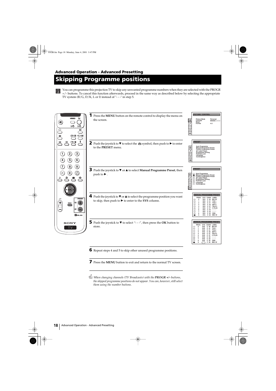 Skipping programme positions, Advanced operation - advanced presetting | Sony KP-41PX1 User Manual | Page 17 / 224