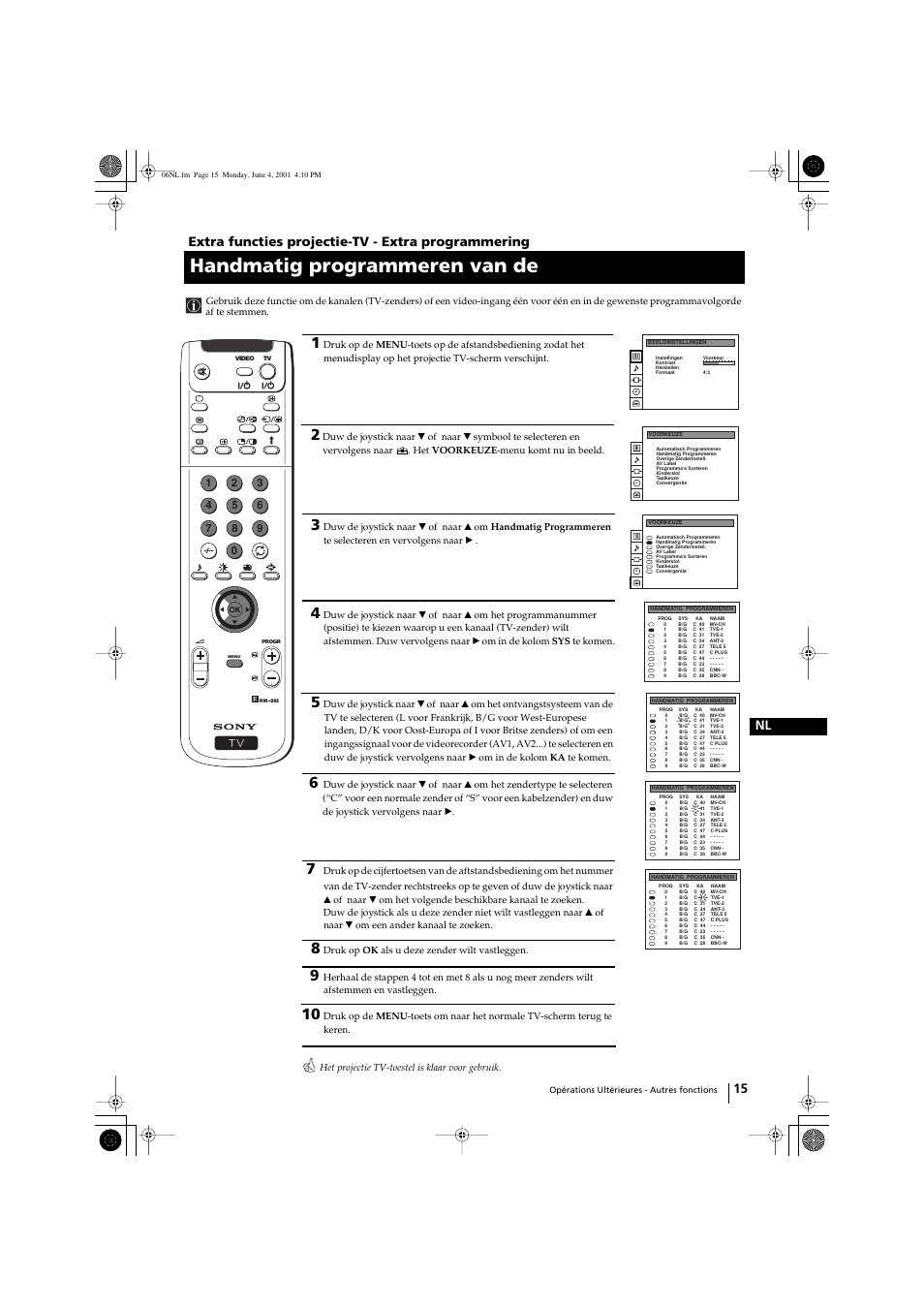 Handmatig programmeren van de, 15 nl, Extra functies projectie-tv - extra programmering | Sony KP-41PX1 User Manual | Page 174 / 224