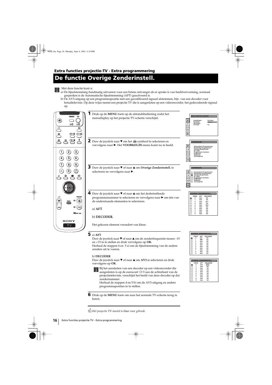 De functie overige zenderinstell, Extra functies projectie-tv - extra programmering | Sony KP-41PX1 User Manual | Page 175 / 224