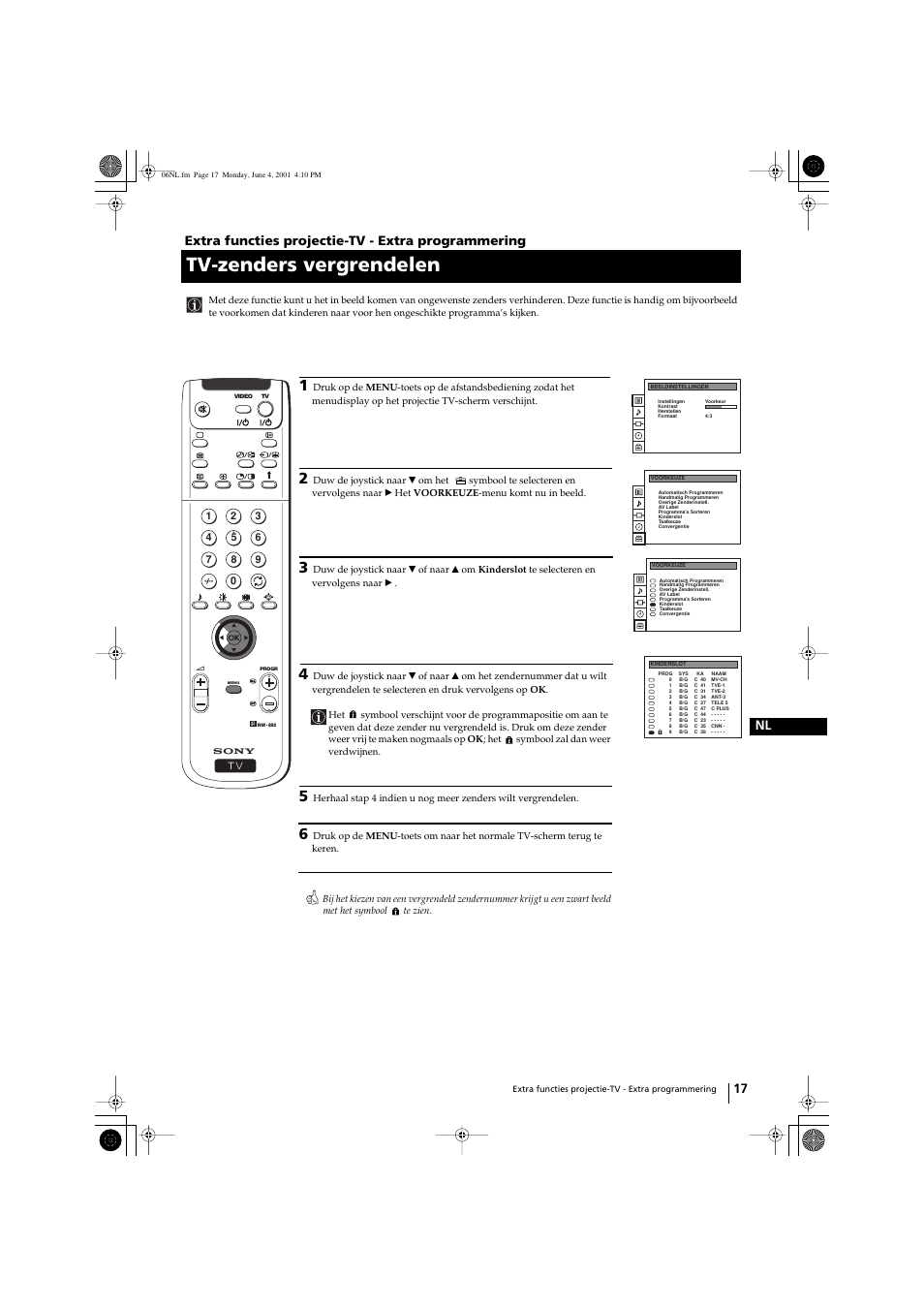 Tv-zenders vergrendelen, 17 nl, Extra functies projectie-tv - extra programmering | Sony KP-41PX1 User Manual | Page 176 / 224