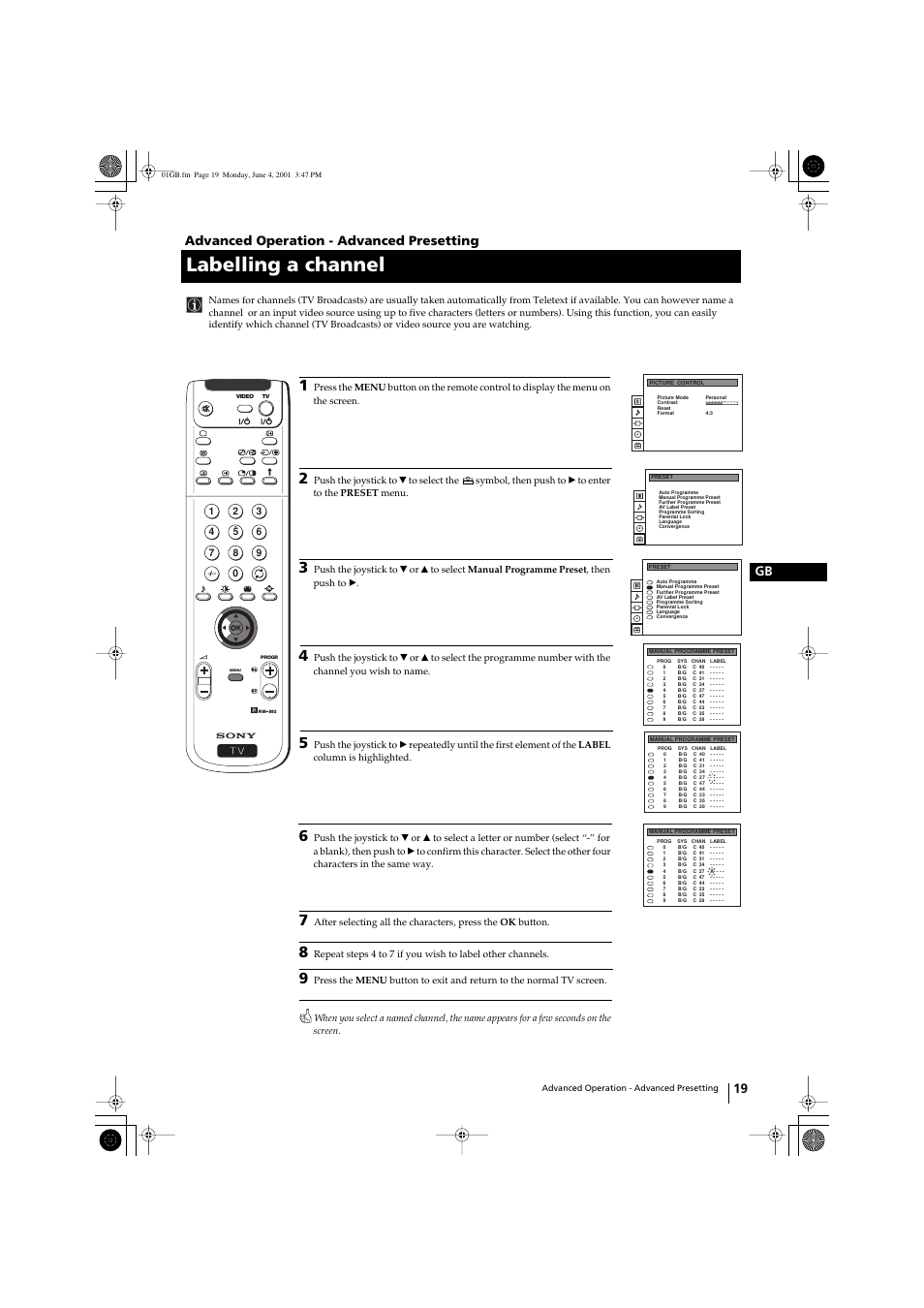 Labelling a channel, 19 gb, Advanced operation - advanced presetting | Sony KP-41PX1 User Manual | Page 18 / 224