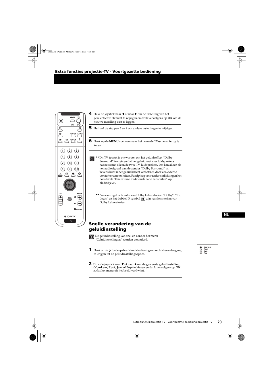 Snelle verandering van de geluidinstelling | Sony KP-41PX1 User Manual | Page 182 / 224