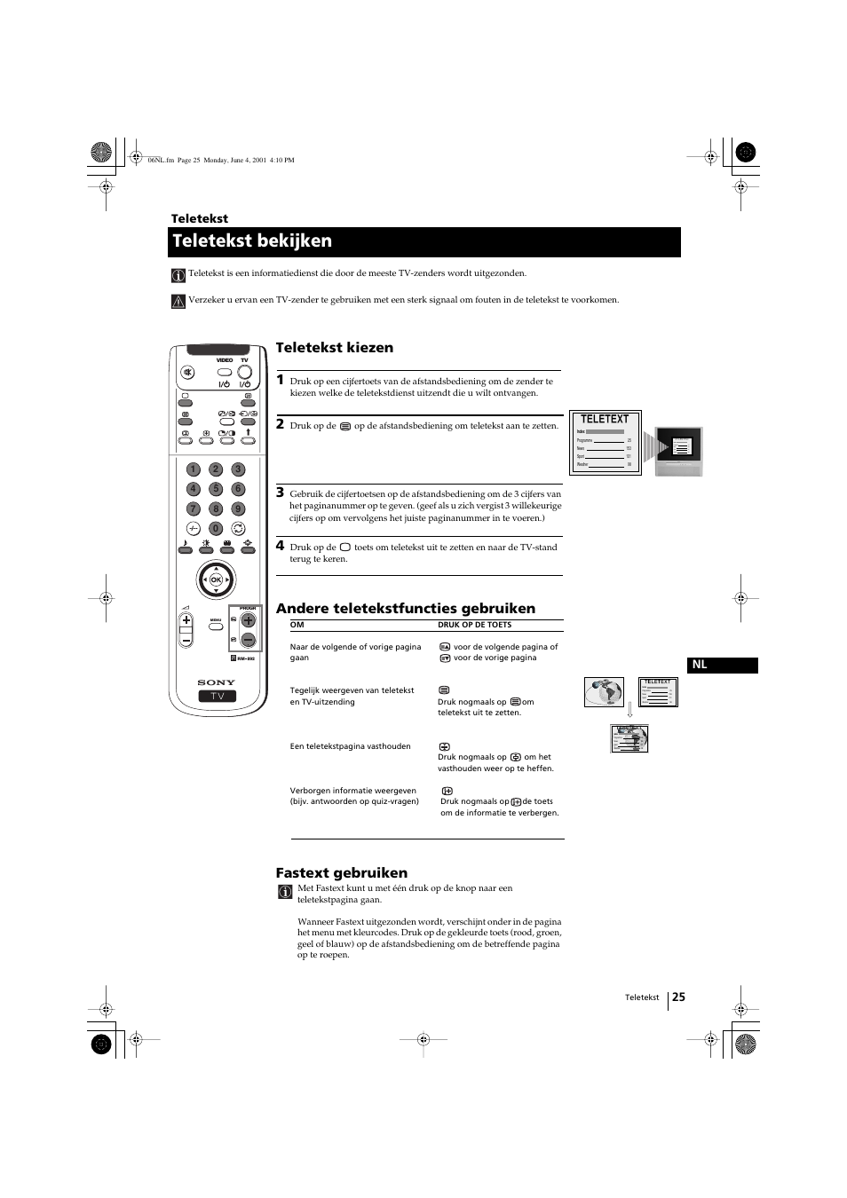 Teletekst bekijken, Teletekst kiezen 1, Andere teletekstfuncties gebruiken | Fastext gebruiken, Index, 25 nl teletekst, Teletext | Sony KP-41PX1 User Manual | Page 184 / 224