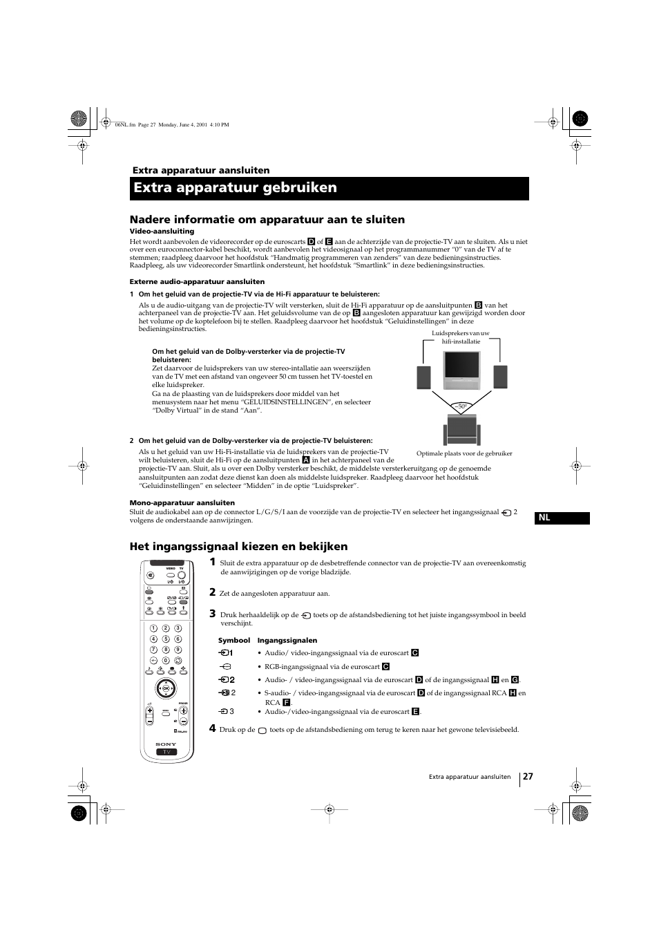 Extra apparatuur gebruiken, Nadere informatie om apparatuur aan te sluiten, Het ingangssignaal kiezen en bekijken | Sony KP-41PX1 User Manual | Page 186 / 224