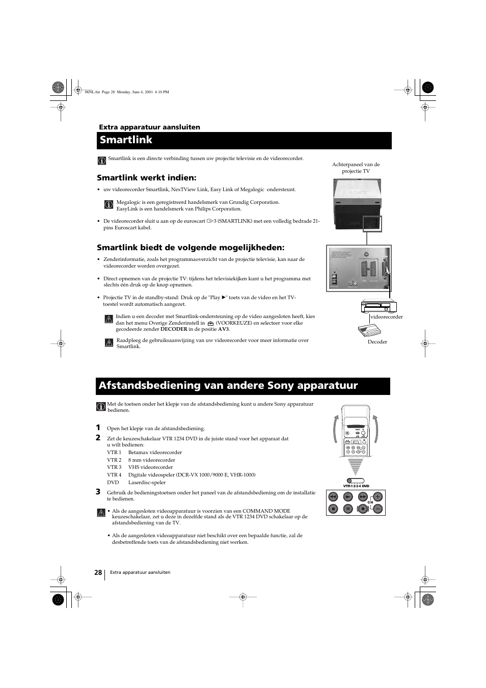 Smartlink, Afstandsbediening van andere sony apparatuur, Smartlink werkt indien | Smartlink biedt de volgende mogelijkheden | Sony KP-41PX1 User Manual | Page 187 / 224