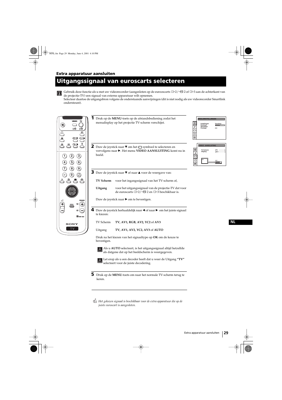 Uitgangssignaal van euroscarts selecteren, 29 nl, Extra apparatuur aansluiten | Sony KP-41PX1 User Manual | Page 188 / 224