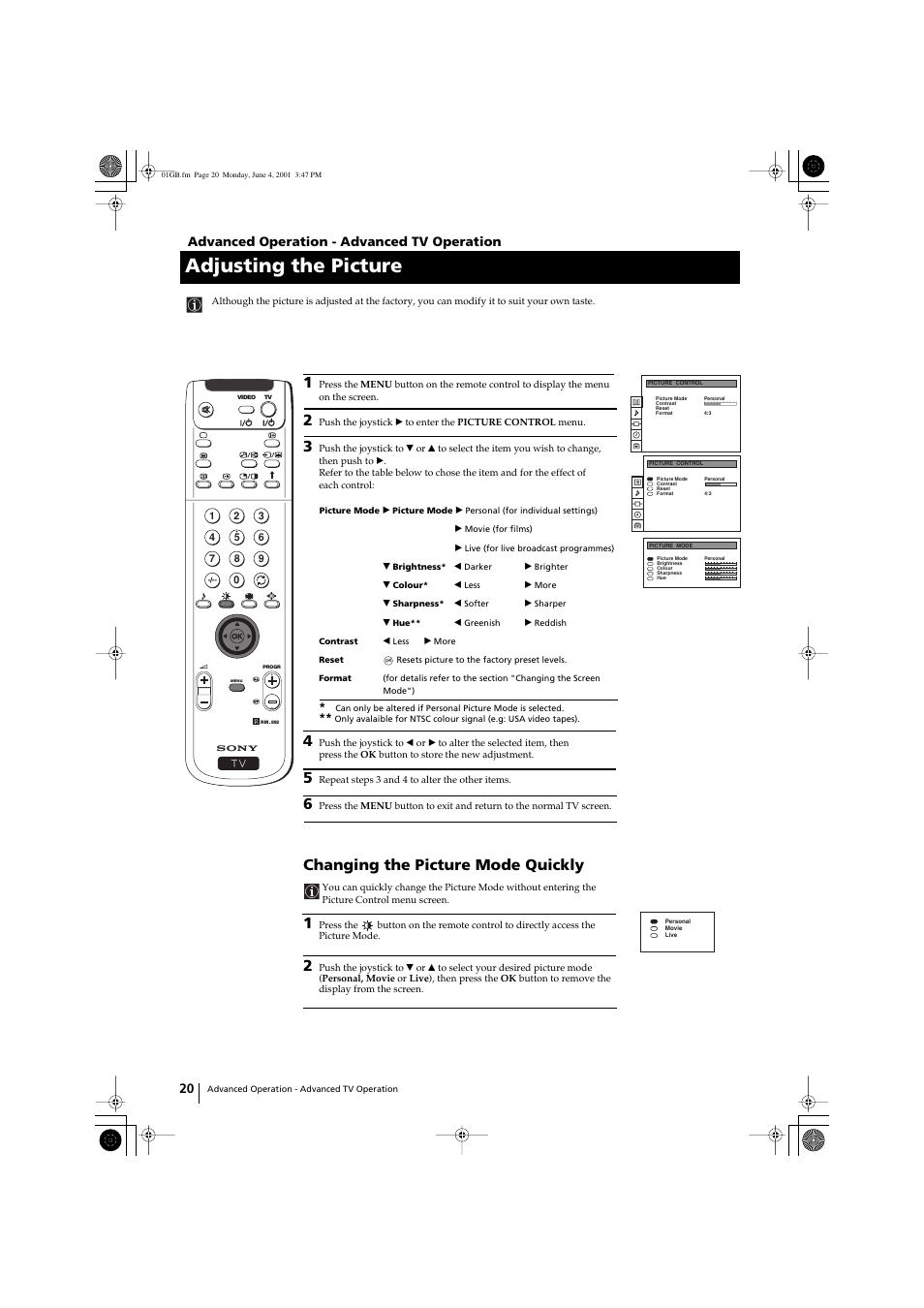 Adjusting the picture, Changing the picture mode quickly, Advanced operation - advanced tv operation | Sony KP-41PX1 User Manual | Page 19 / 224