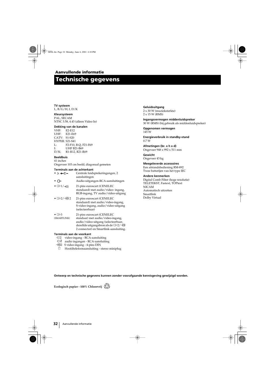 Technische gegevens | Sony KP-41PX1 User Manual | Page 191 / 224