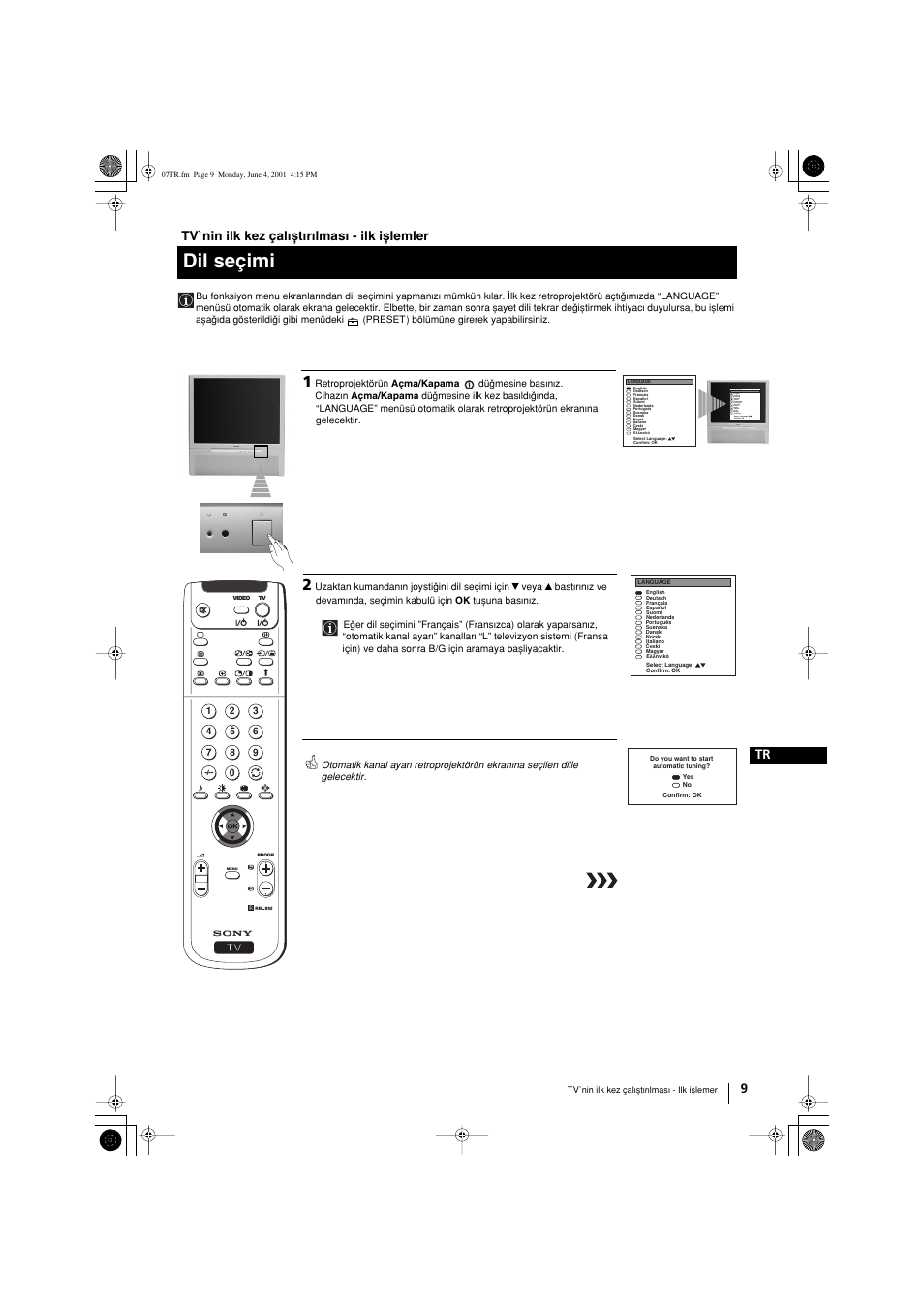 Dil seçimi, 9 tr tv`nin ilk kez çalwxtwrwlmasw - ilk ixlemler | Sony KP-41PX1 User Manual | Page 199 / 224