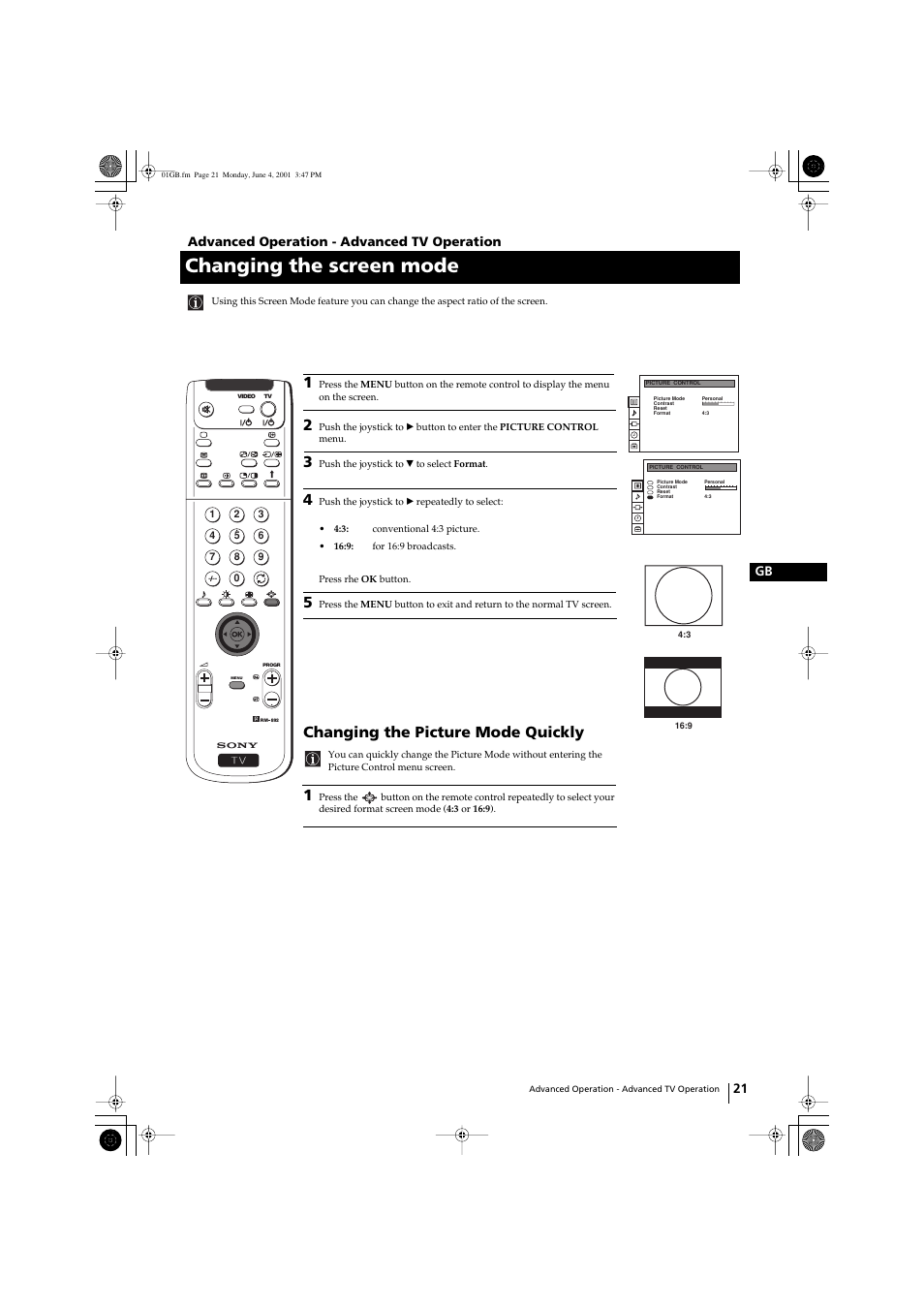 Changing the screen mode, Changing the picture mode quickly | Sony KP-41PX1 User Manual | Page 20 / 224
