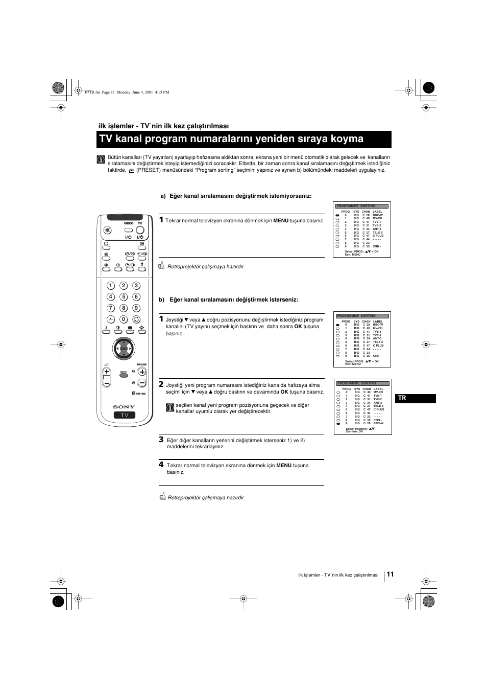 Tv kanal program numaralarwnw yeniden swraya koyma, 11 tr ilk ixlemler - tv`nin ilk kez çalwxtwrwlmasw | Sony KP-41PX1 User Manual | Page 201 / 224