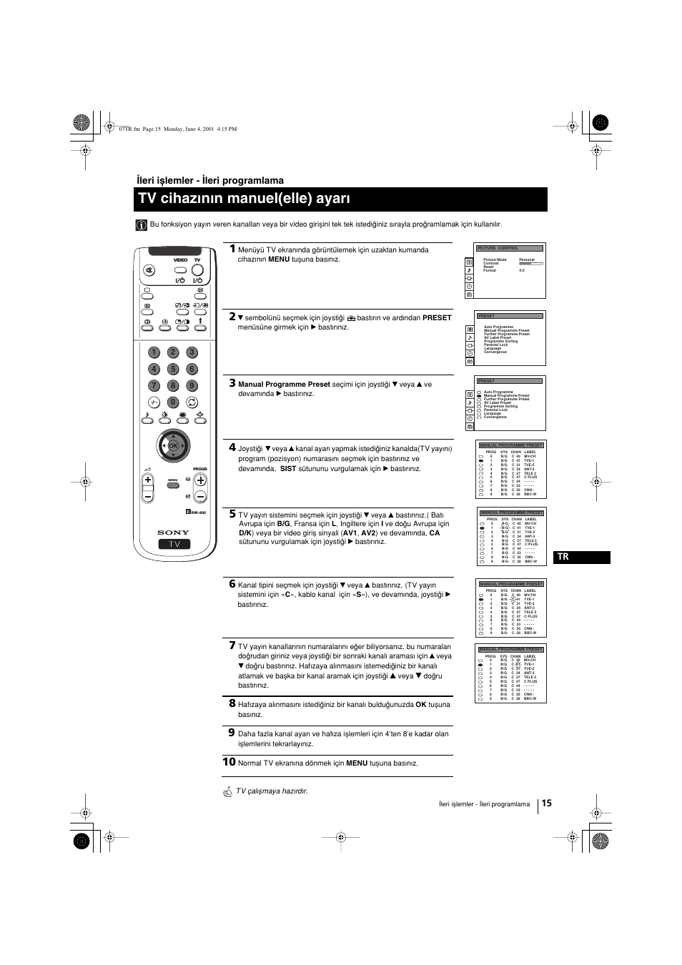 Tv cihazwnwn manuel(elle) ayarw, 15 tr, Wleri ixlemler - wleri programlama | Sony KP-41PX1 User Manual | Page 205 / 224