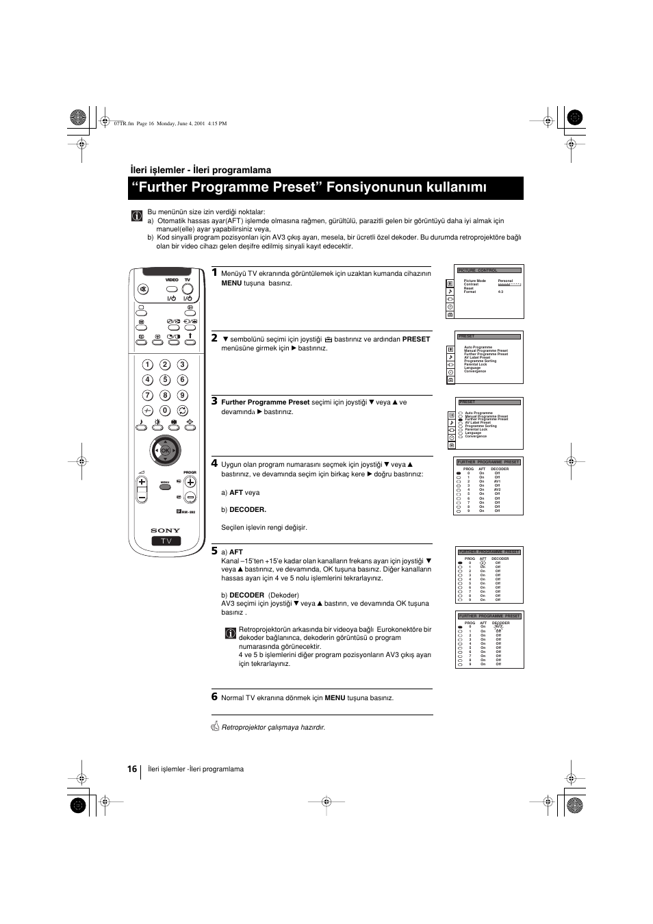 Further programme preset” fonsiyonunun kullanwmw, Wleri ixlemler - wleri programlama | Sony KP-41PX1 User Manual | Page 206 / 224