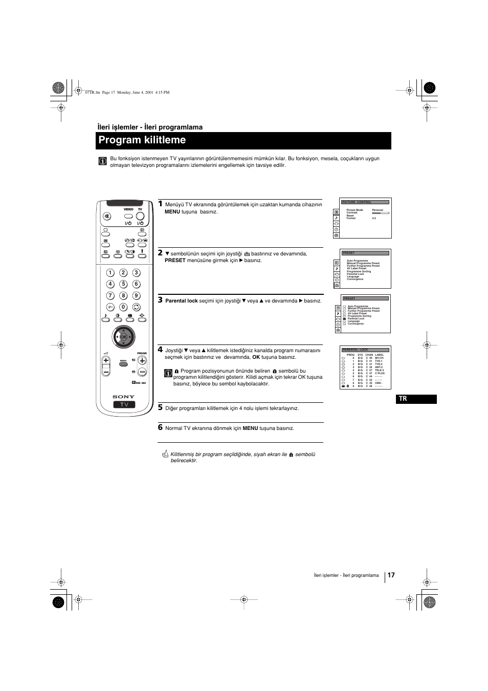 Program kilitleme, 17 tr, Wleri ixlemler - wleri programlama | Sony KP-41PX1 User Manual | Page 207 / 224