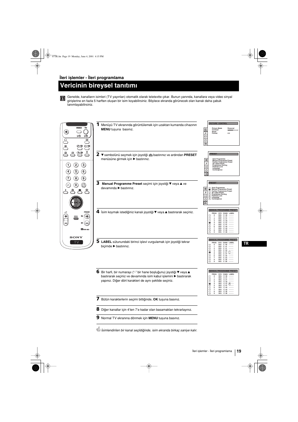 Vericinin bireysel tanwtwmw, 19 tr, Wleri ixlemler - wleri programlama | Sony KP-41PX1 User Manual | Page 209 / 224